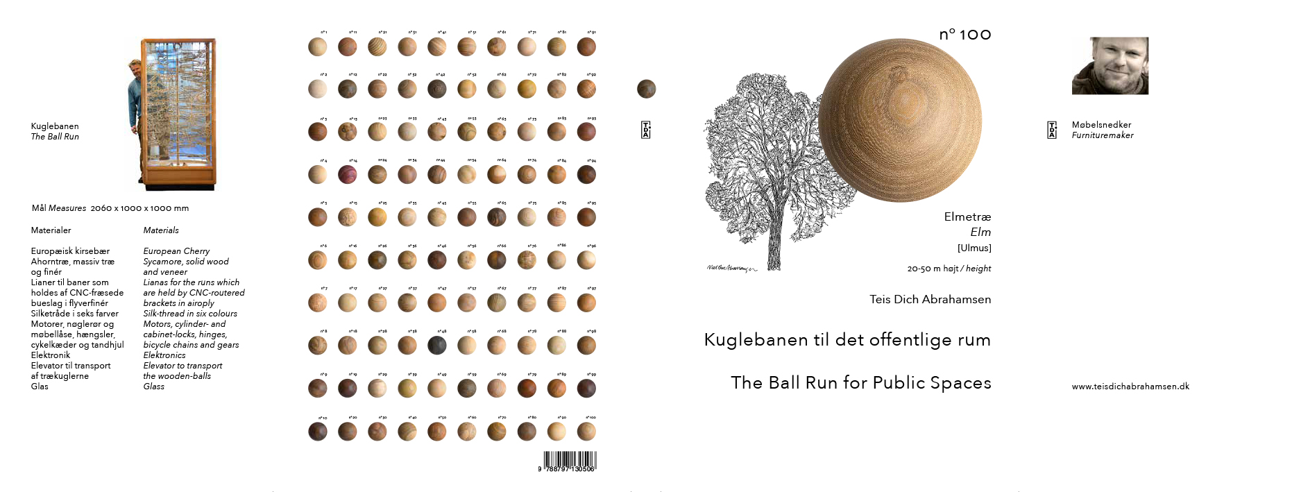Omslag Forside, bagside med 100 kugler og klapper med beskrivelse af banens konstruktion, Dansk og engelsk tekst